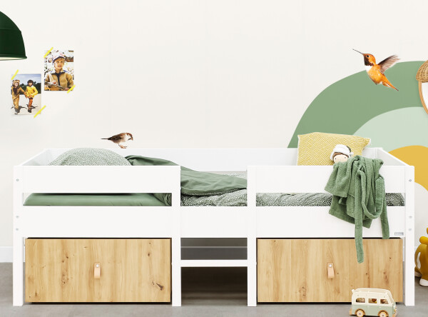 Compact bed 90x200 incl. 2 drawers on wheels Mick White Compact bed 90x200 incl. 2 drawers on wheels Mick White