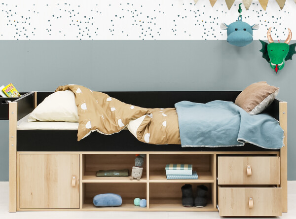 Compact bed 90x200 with storage unit Lucas Mat Black/Natural Compact bed 90x200 with storage unit Lucas Mat Black/Natural