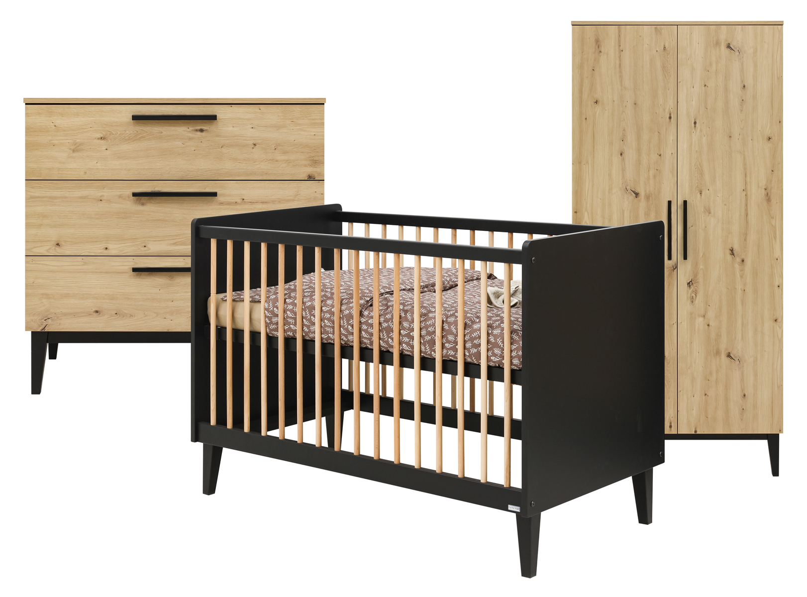 ToiToiKids Xem 3-delige babykamer - Mat Zwart/Eiken