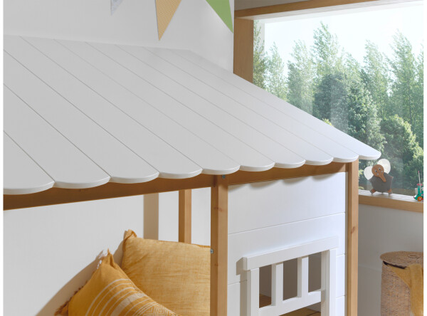Landhausbett mit dach, liegefläche 90 x 200 cm, inkl. lattenrost, ausf. teilmassiv kiefer, farbe oak
