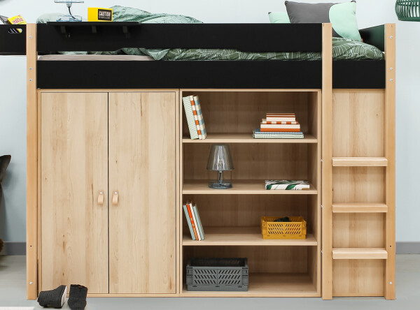 High sleeper 90x200 with storage cabinet and bookcase Lucas Matt Black/Natural