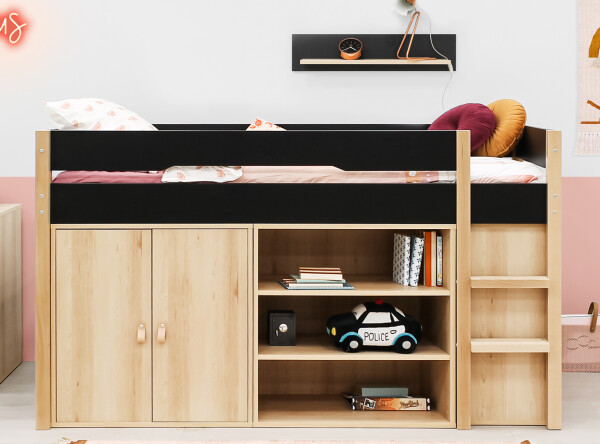 Half high sleeper 90x200 with storage cabinet and bookcase Lucas Matt Black/Natural