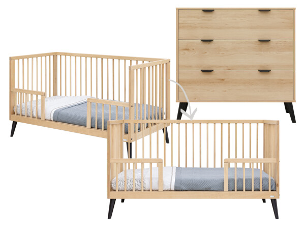 Fay 2 piece nursery furniture set with bench bed Natural/Matt Black