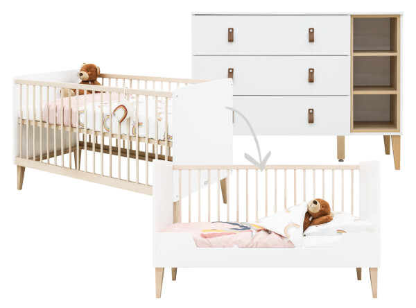 Indy 2 piece nursery furniture set XL with bench bed White/Natural