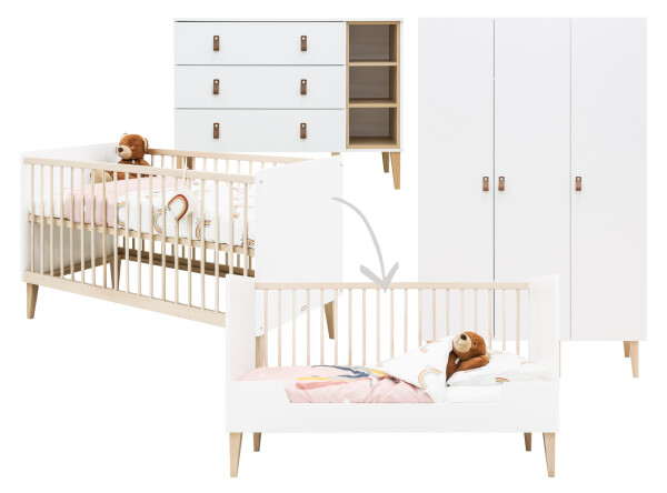 Indy 3 piece nursery furniture set XL with bench bed White/Natural