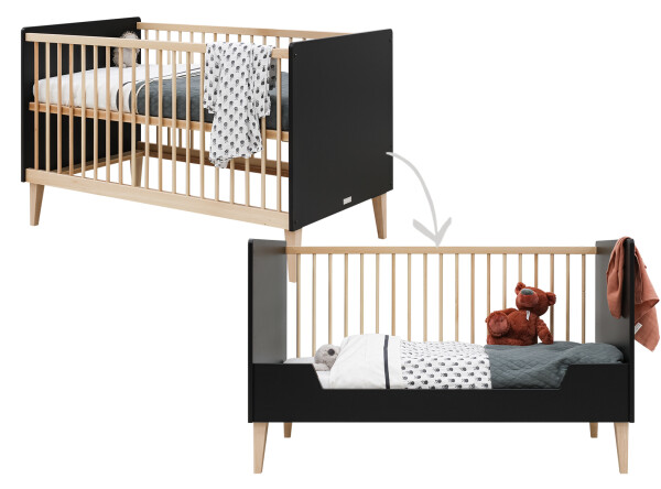 Lena 3 piece nursery furniture set with bench bed Matt Black/Natural