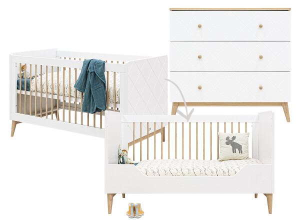 Paris 2 piece nursery furniture set with bench bed White/Oak