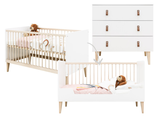 Indy 2 piece nursery furniture set with bench bed White/Natural