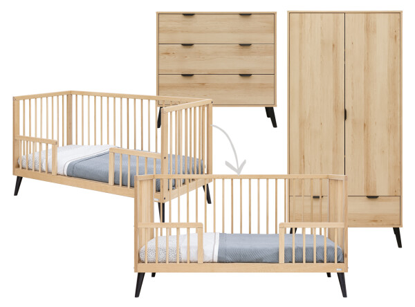 Fay 3 piece nursery furniture set with bench bed Natural/Matt Black